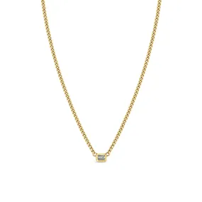 14k Extra Small Curb Chain Emerald Cut Diamond Bezel Necklace