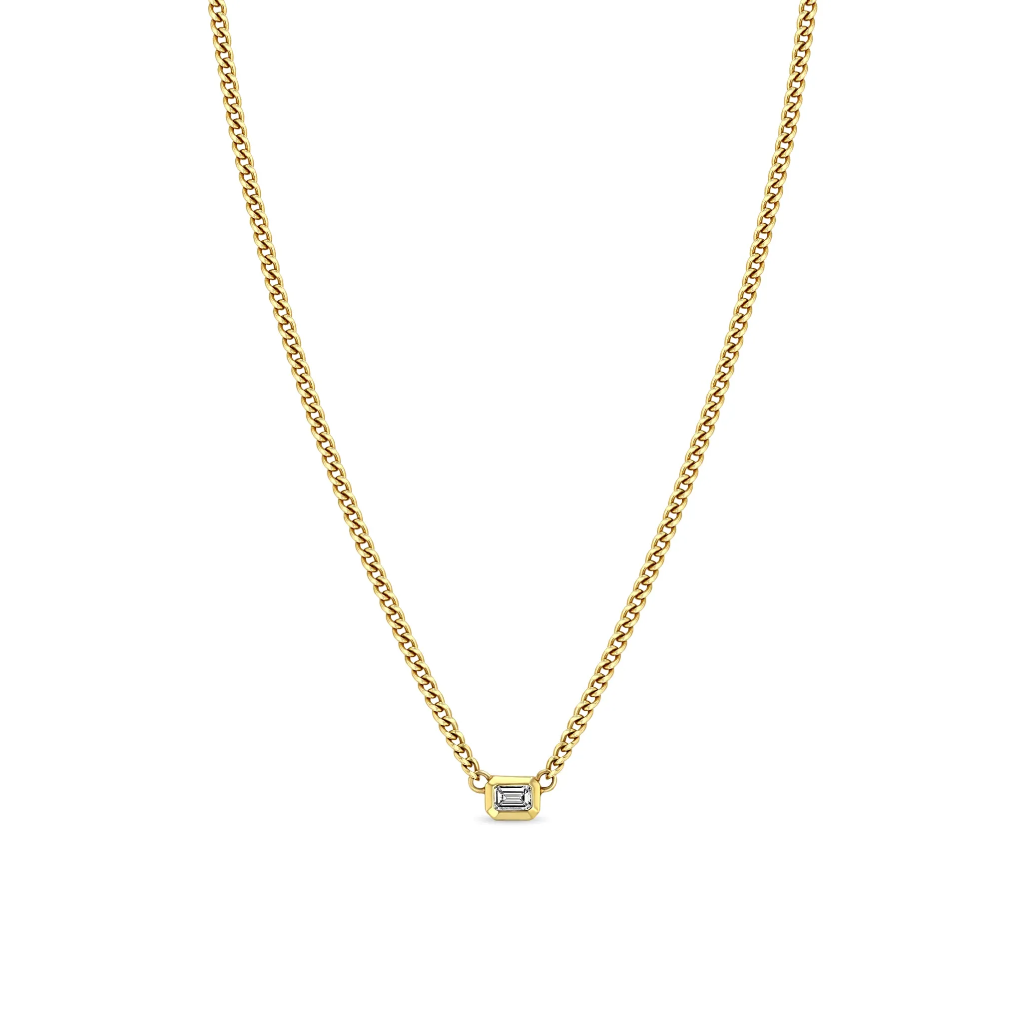 14k Extra Small Curb Chain Emerald Cut Diamond Bezel Necklace