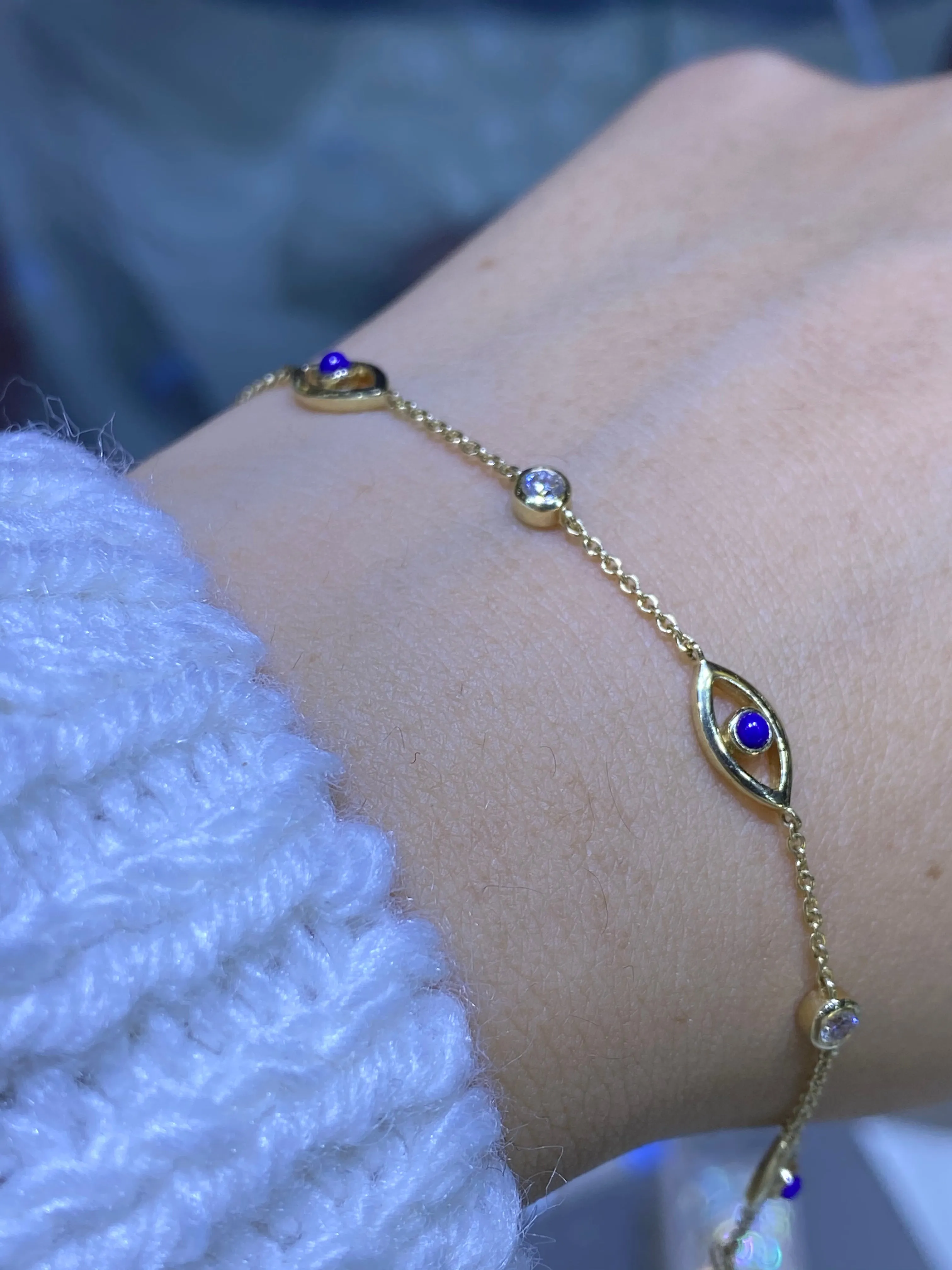 14K Gold Evil Eye and Diamond Bezel Bracelet