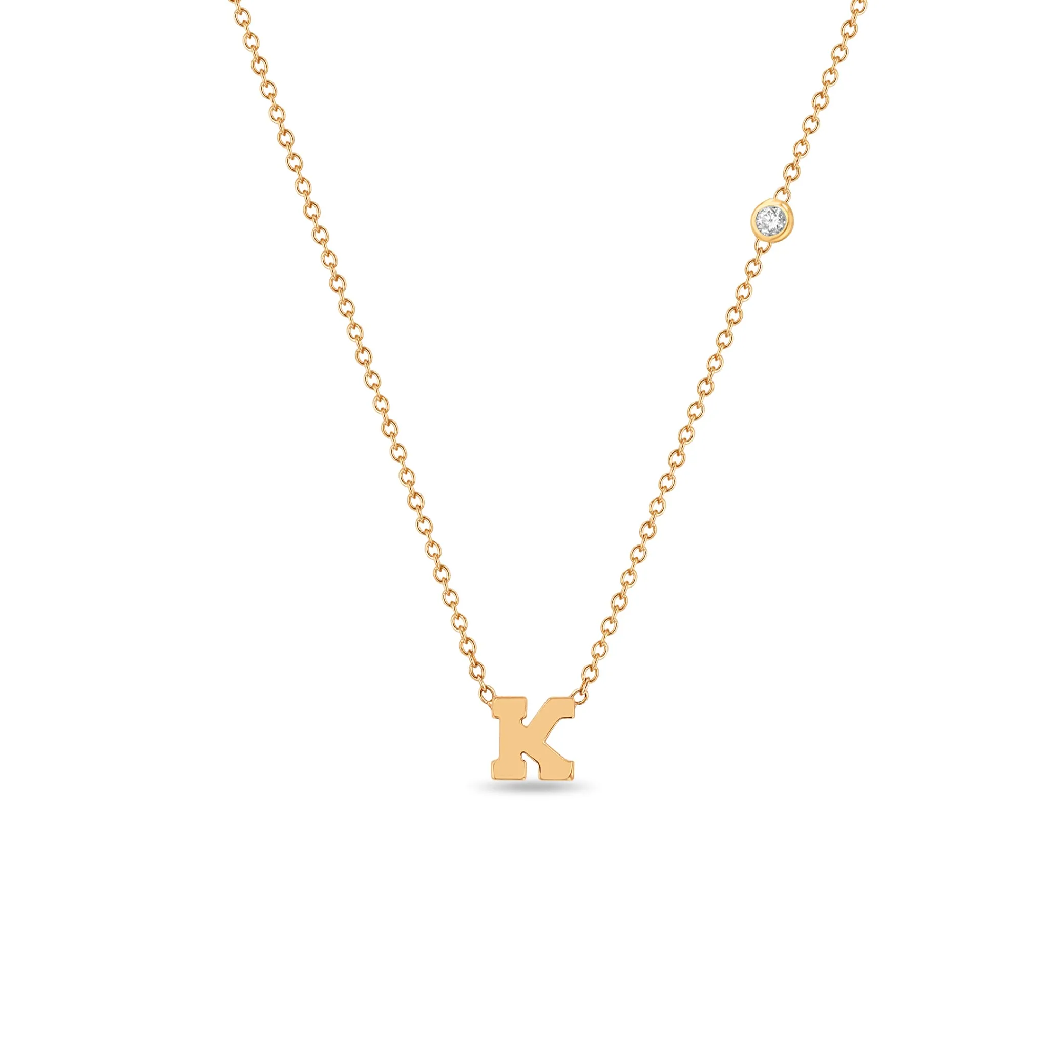 14k Initial Letter Necklace with Floating Diamond