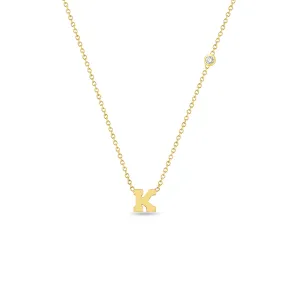 14k Initial Letter Necklace with Floating Diamond