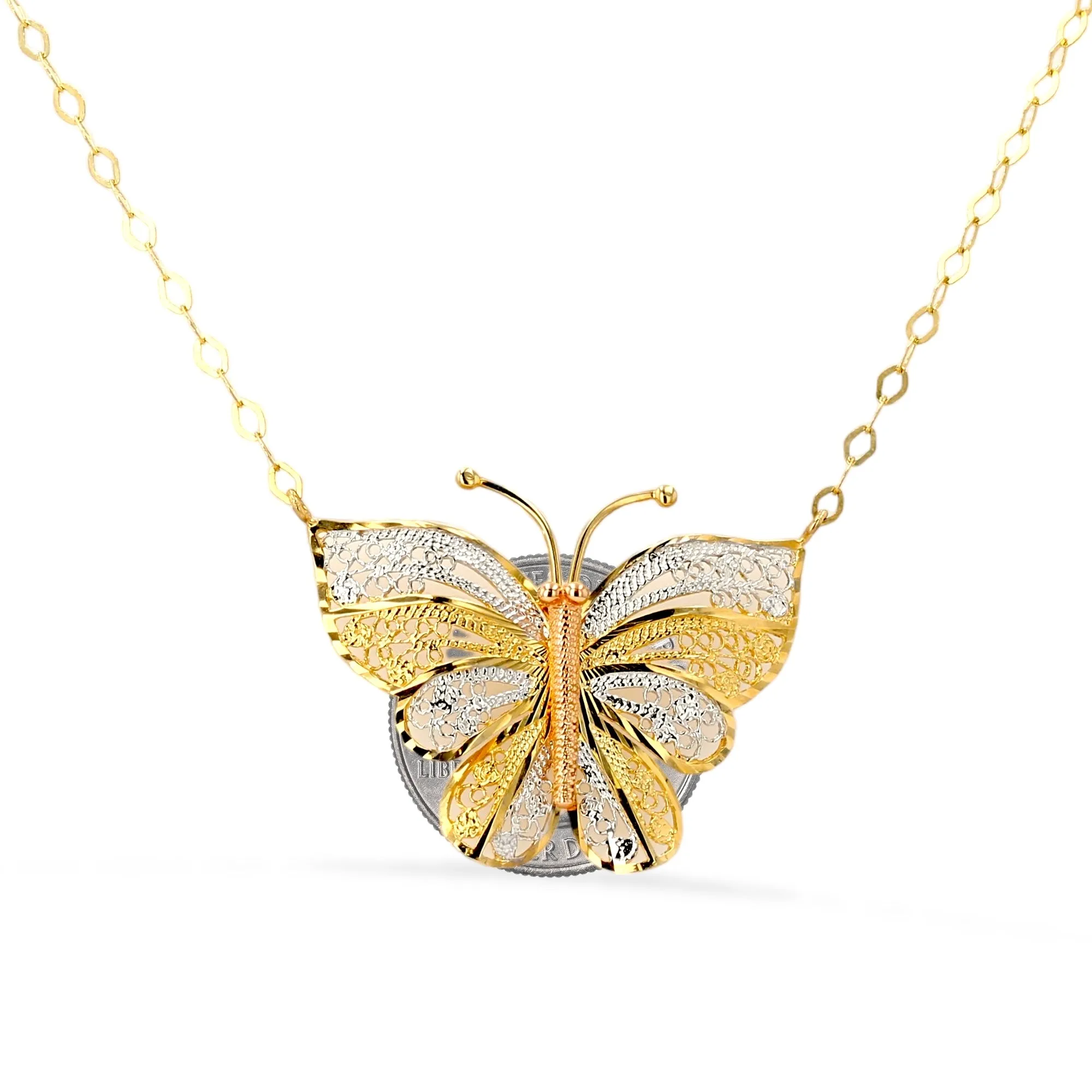 14K tricolor gold filigrana diamond cut butterfly necklace