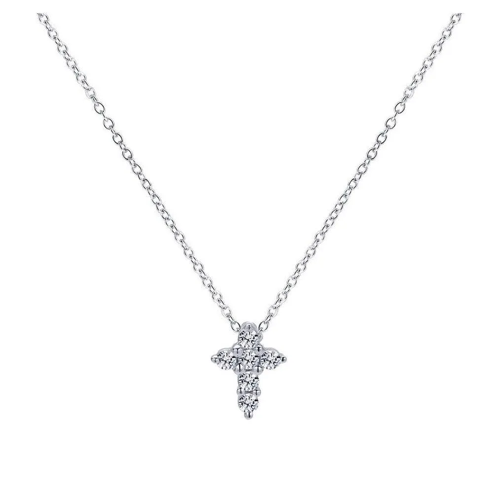 14K White Gold .10 Carat Diamond Cross Pendant & Petite White Gold Necklace