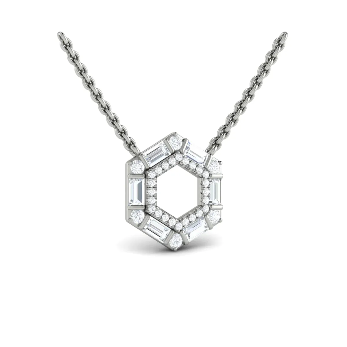 14K WHITE GOLD DIAMOND AND BAGUETTE OPEN HEXAGON NECKLACE 0.53CTW