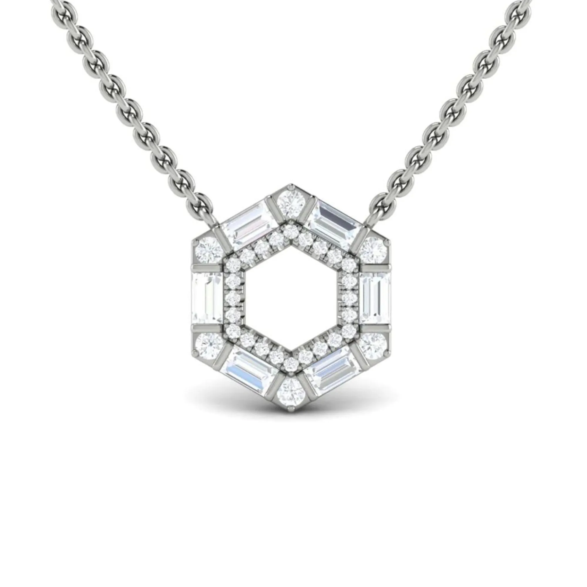 14K WHITE GOLD DIAMOND AND BAGUETTE OPEN HEXAGON NECKLACE 0.53CTW