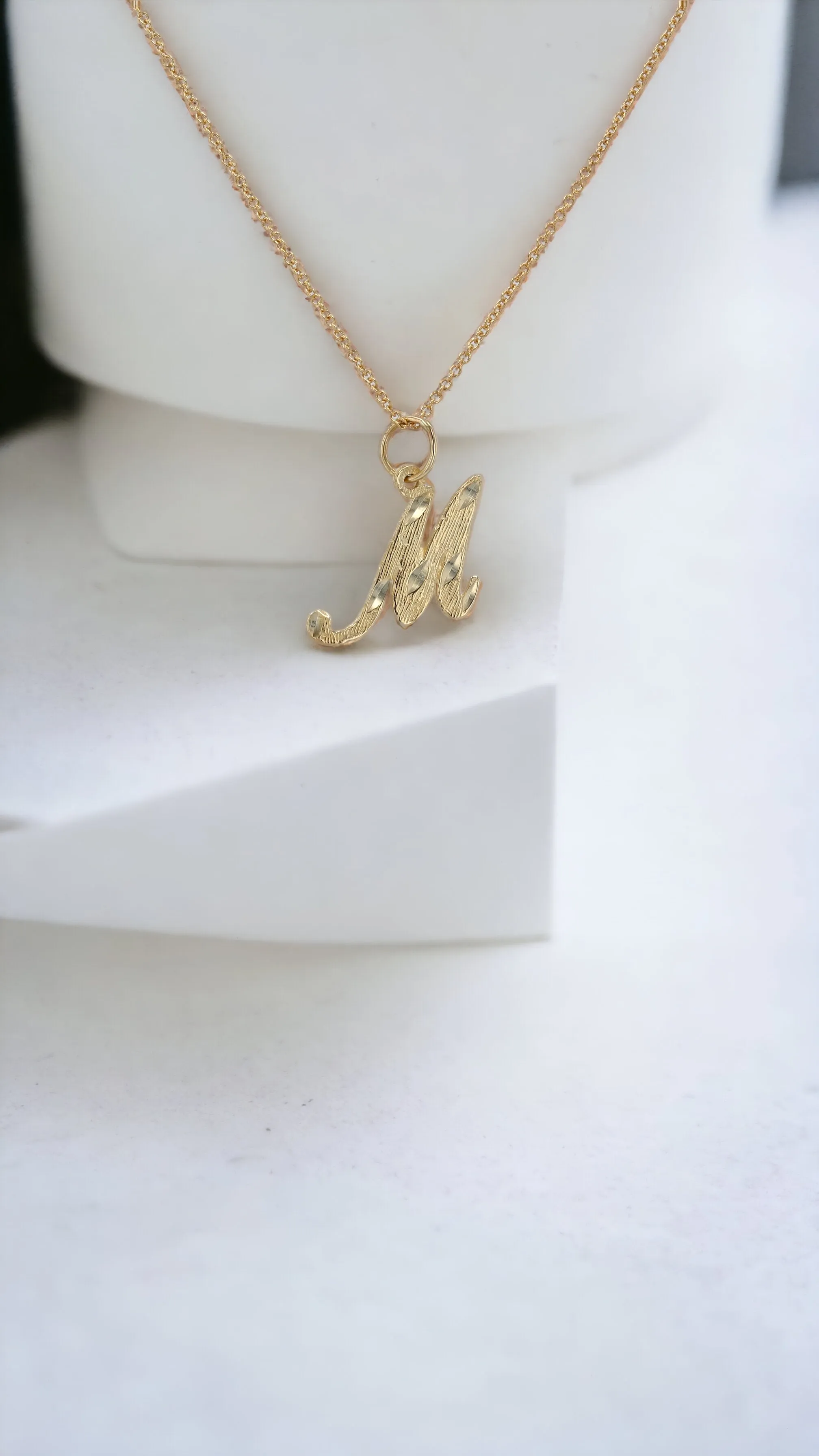 14K Yellow gold letter M diamond cut necklace