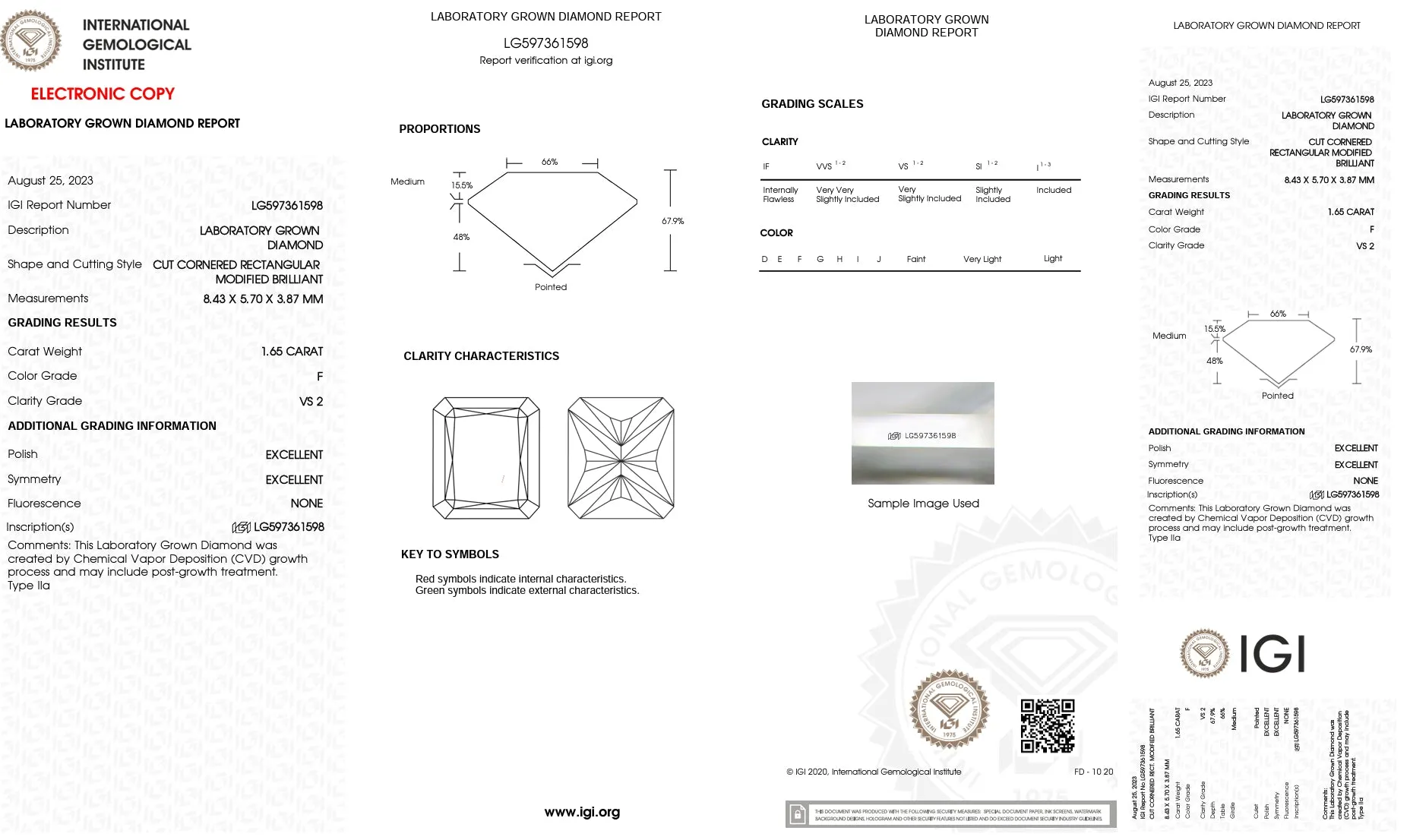 1.65ct F/VS2 Lab Created Radiant Cut Diamond IGI#LG597361598