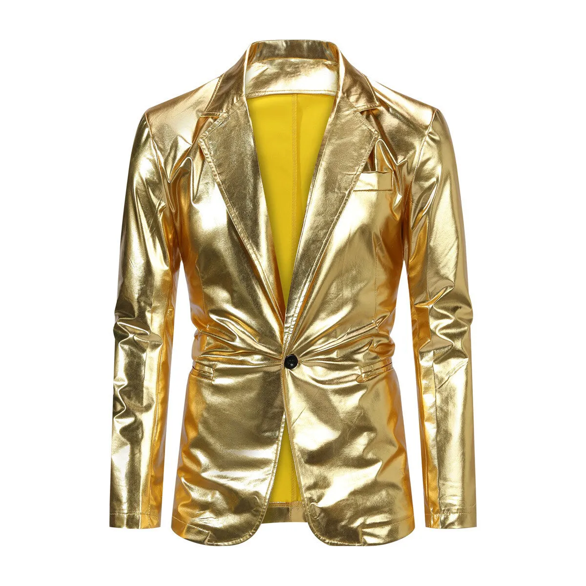 2-Piece Solid Color Stand Collar One-Button Glitter Suit Gold