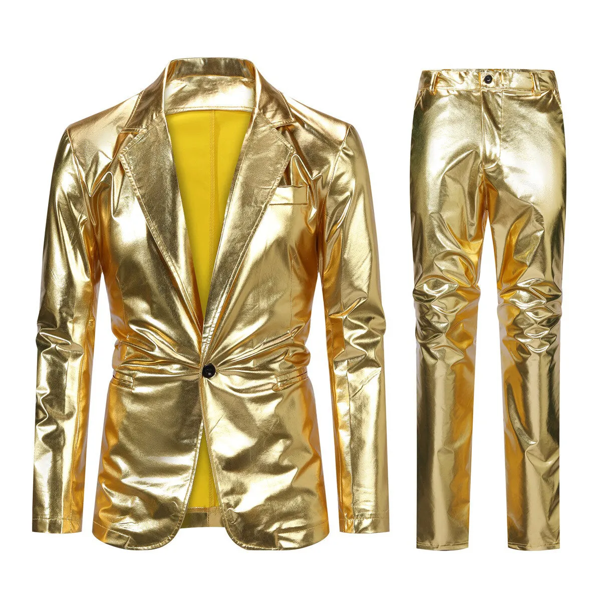 2-Piece Solid Color Stand Collar One-Button Glitter Suit Gold