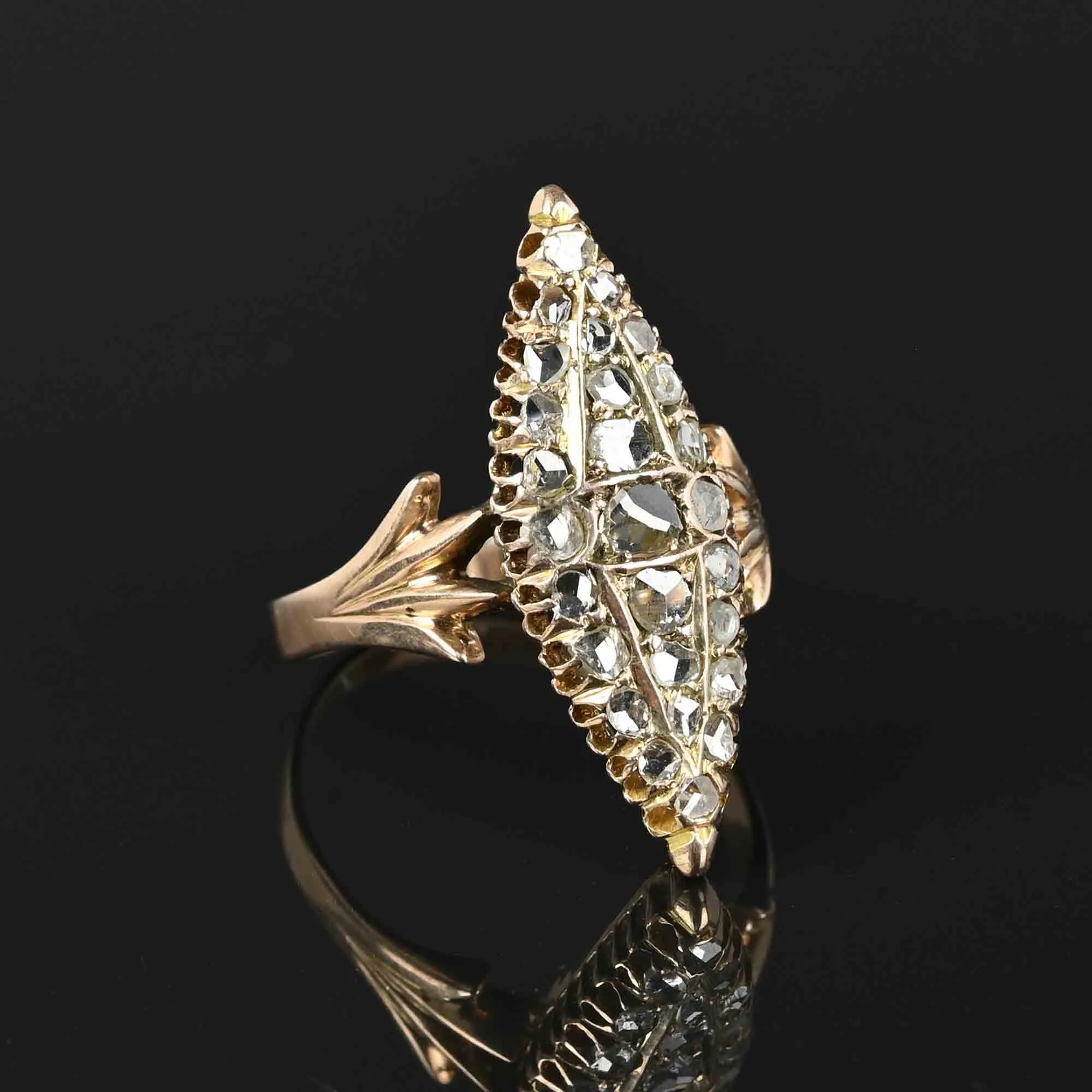 2nd Payment Antique Rose Cut Diamond 14K Rose Gold Navette Ring