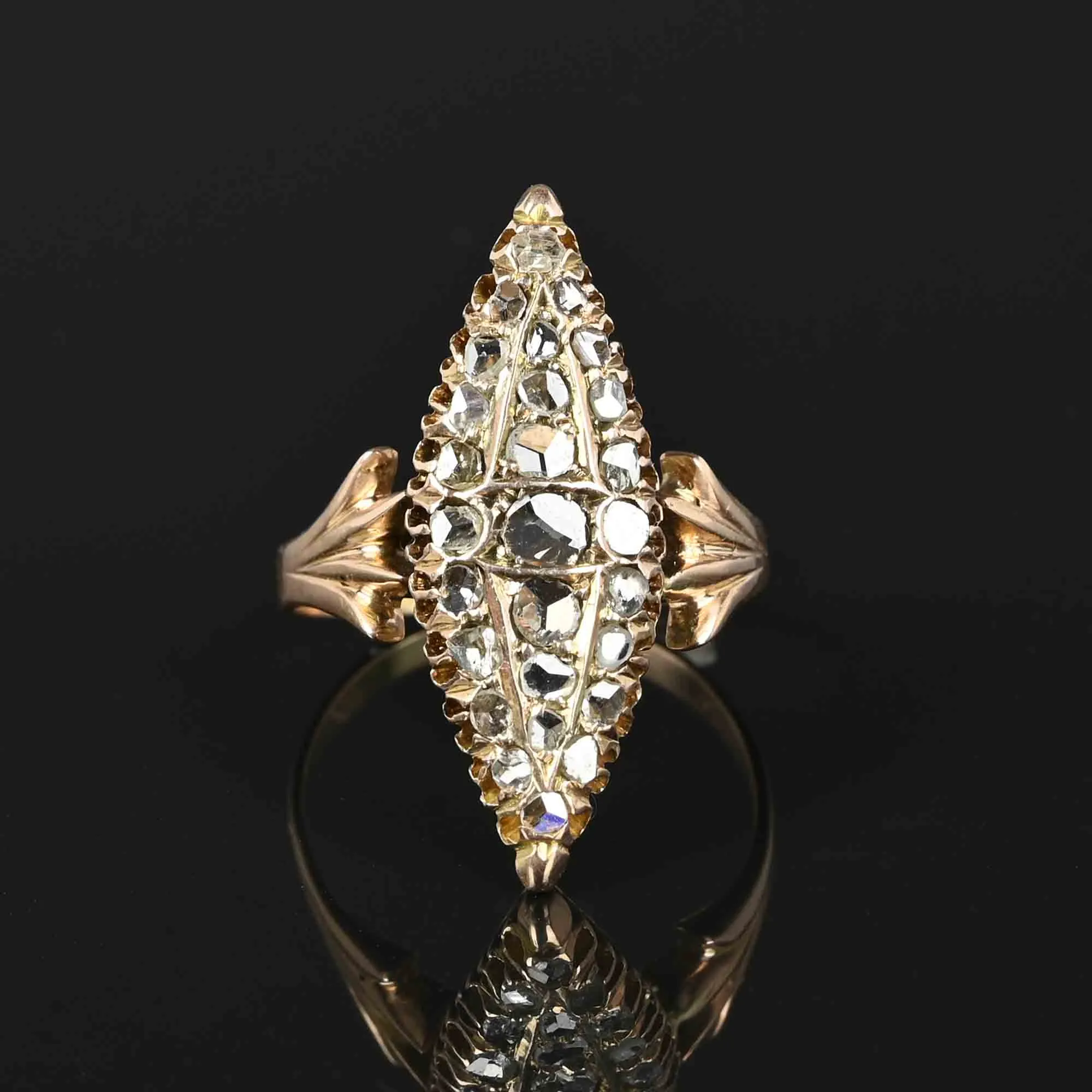 2nd Payment Antique Rose Cut Diamond 14K Rose Gold Navette Ring