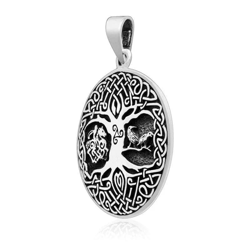 925 Sterling Silver Tree of Life Pendant With Raven, Sleipnir and Triskelion