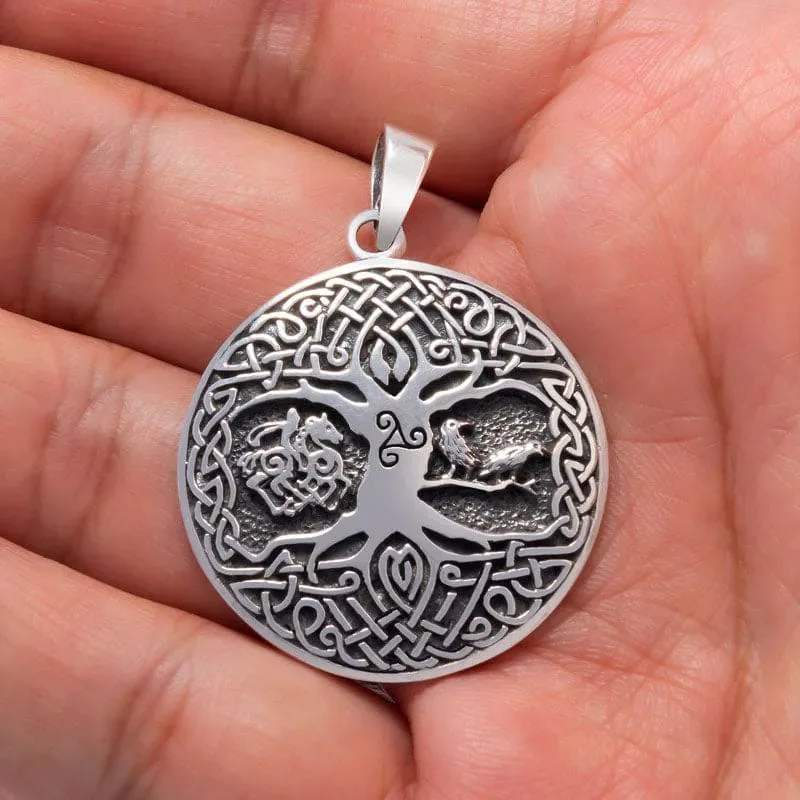 925 Sterling Silver Tree of Life Pendant With Raven, Sleipnir and Triskelion