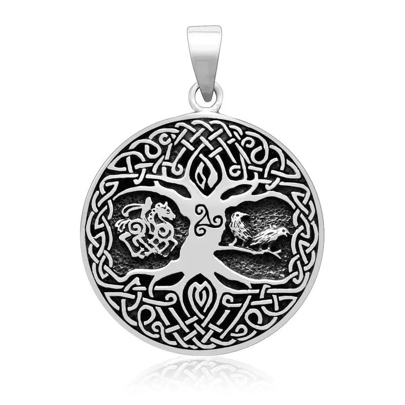 925 Sterling Silver Tree of Life Pendant With Raven, Sleipnir and Triskelion