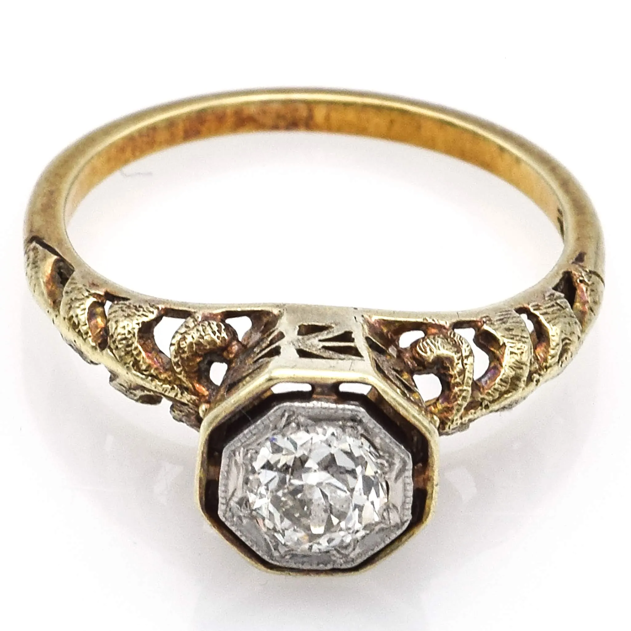 Antique 15K Yellow Gold Solitaire Old Euro Diamond Band Ring