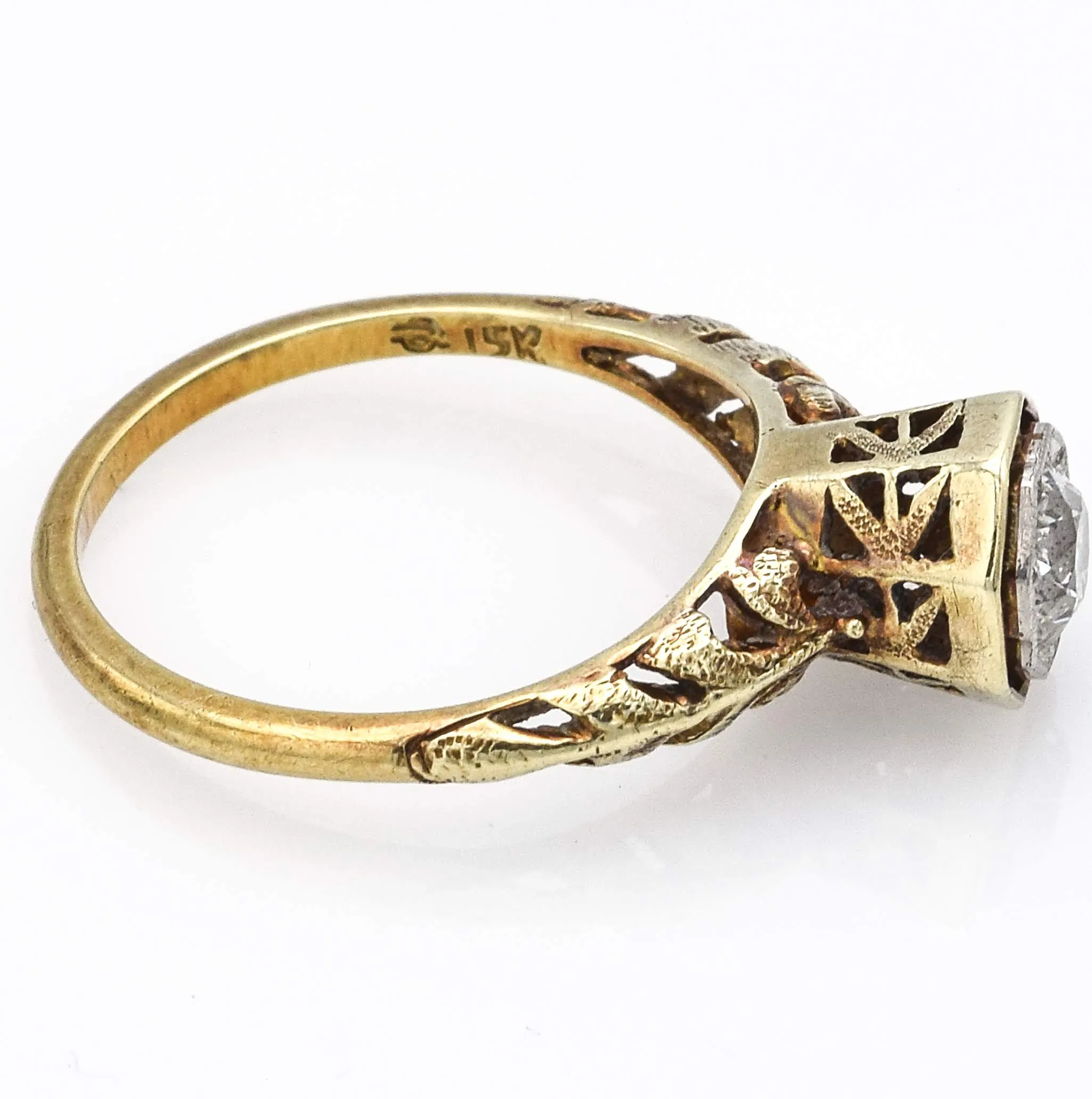 Antique 15K Yellow Gold Solitaire Old Euro Diamond Band Ring