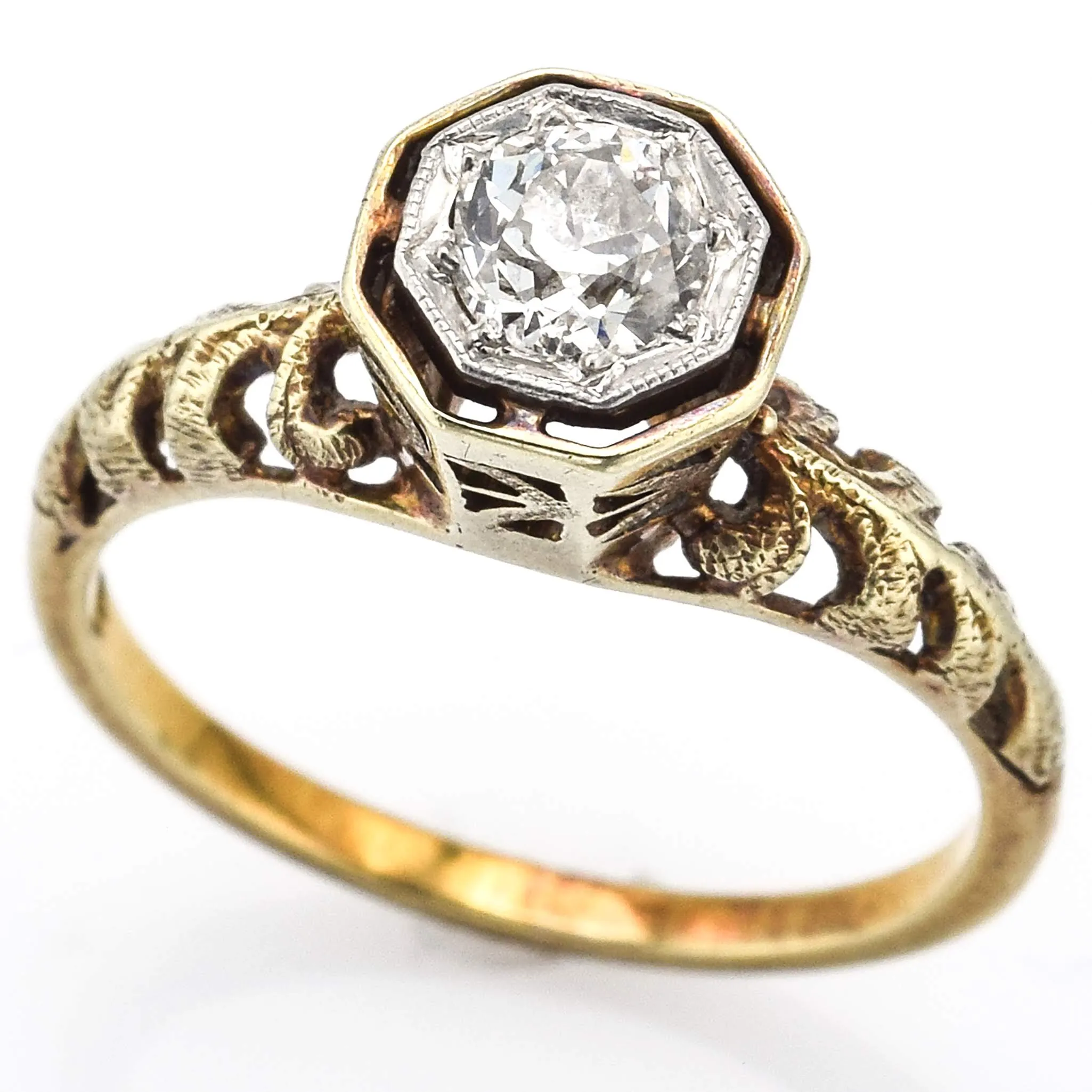 Antique 15K Yellow Gold Solitaire Old Euro Diamond Band Ring