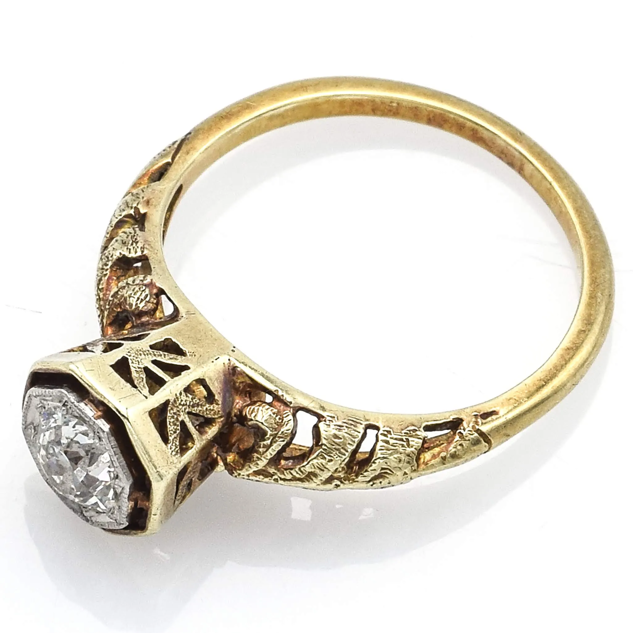 Antique 15K Yellow Gold Solitaire Old Euro Diamond Band Ring