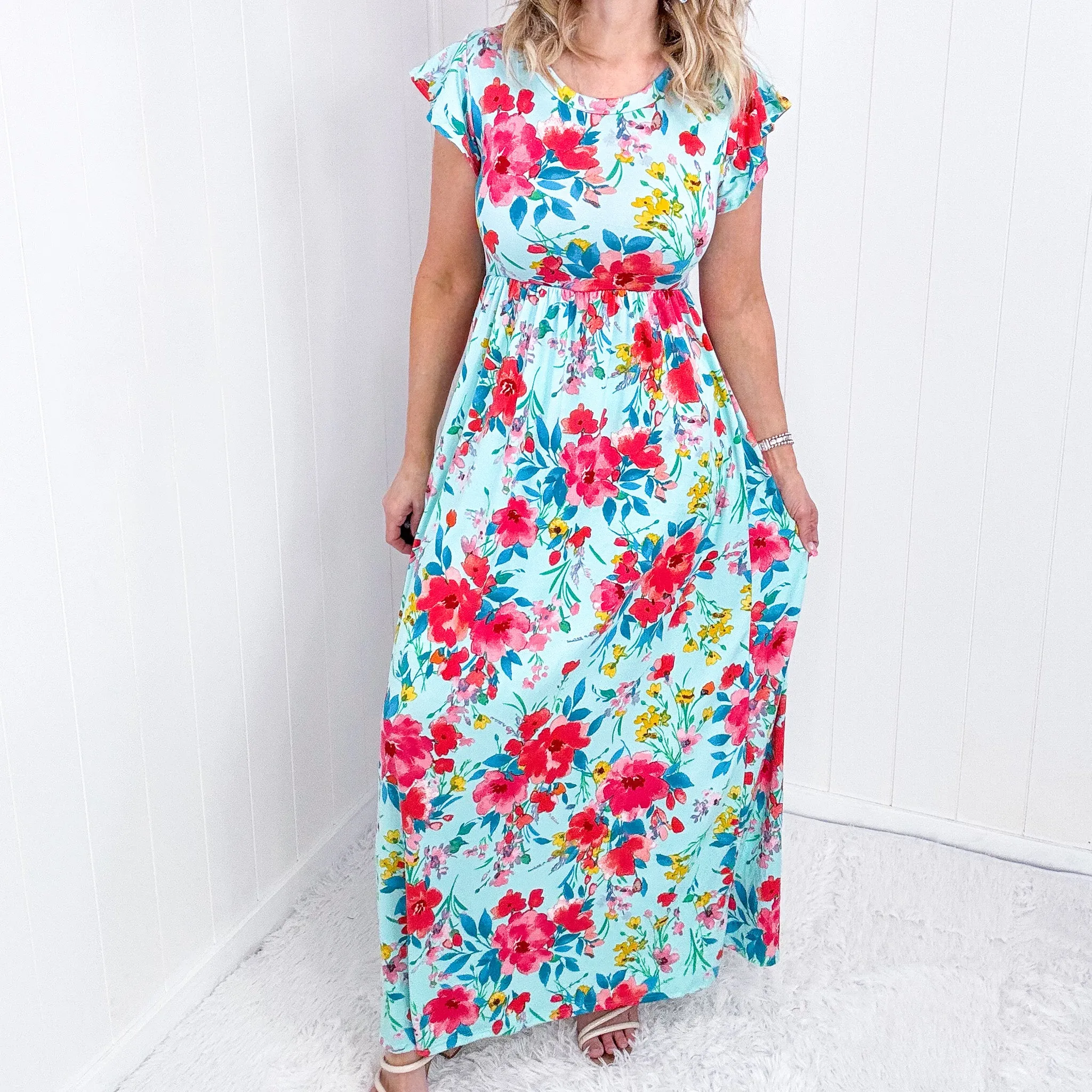 Aqua Floral Fit and Flare Maxi Dress