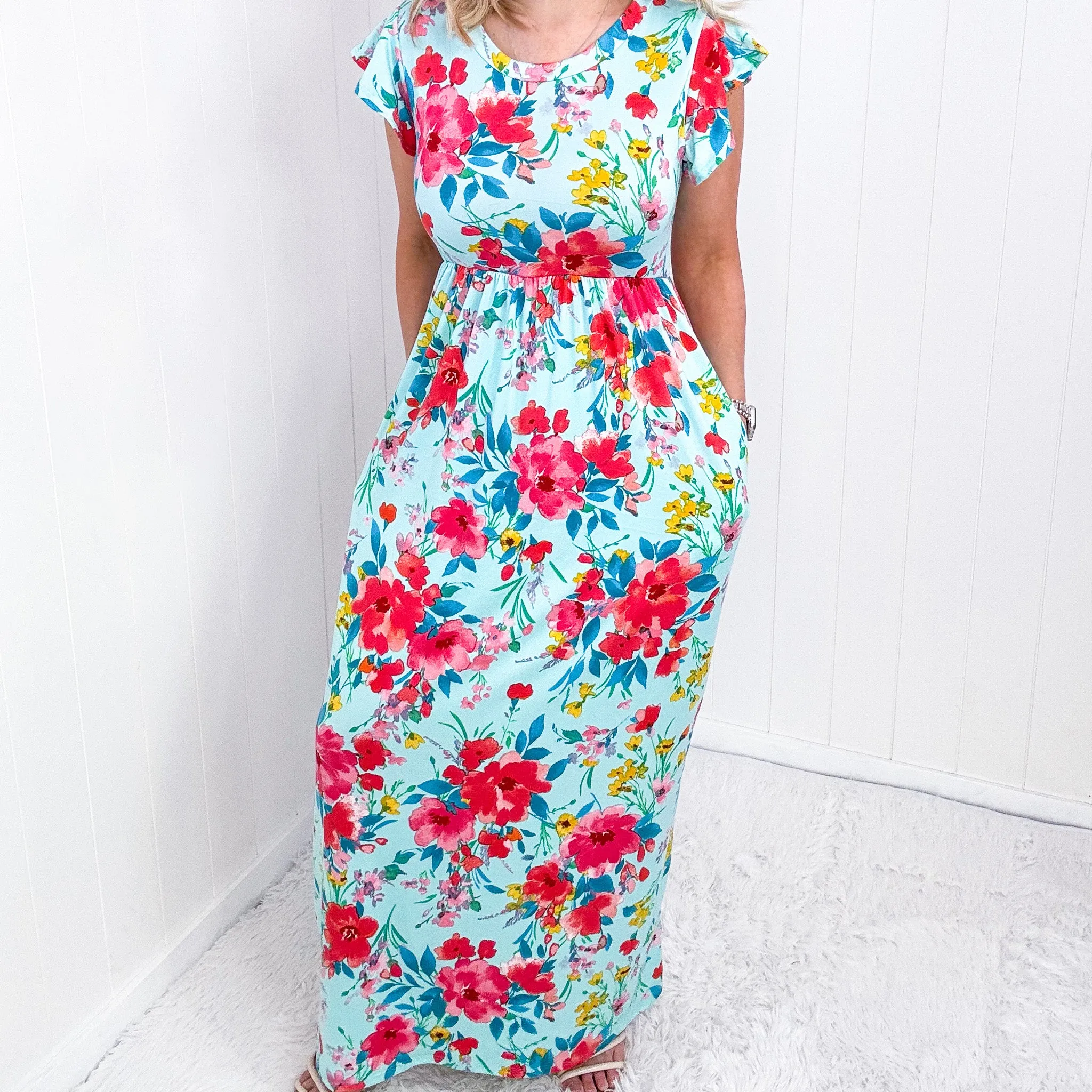 Aqua Floral Fit and Flare Maxi Dress