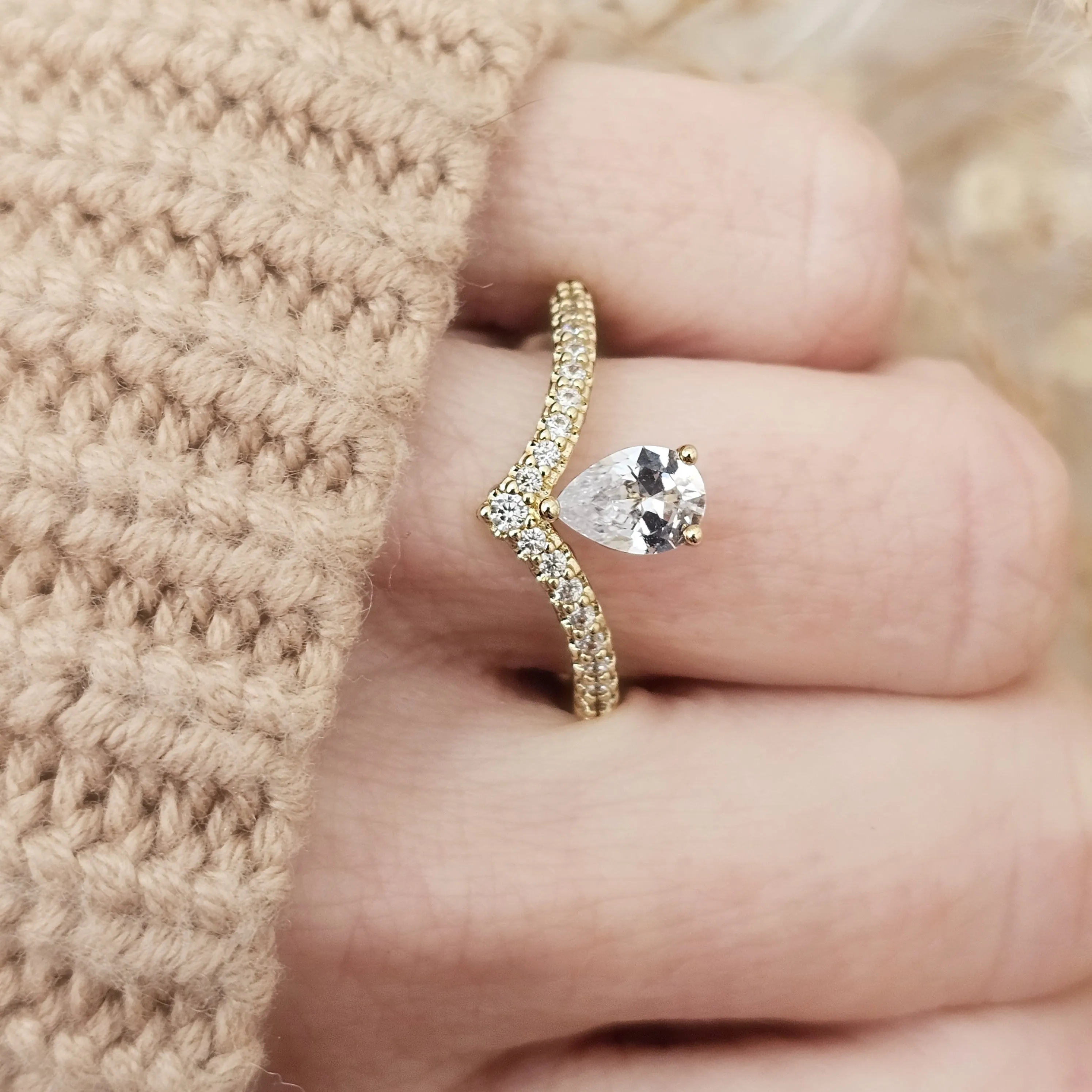 Asymmetrical Pear and Diamond Pavé V Engagement Ring