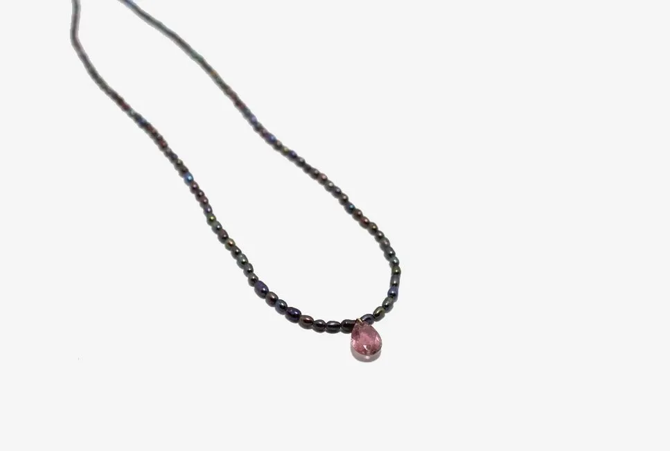 Beaded Black Pearl   Pink Tourmaline Necklace