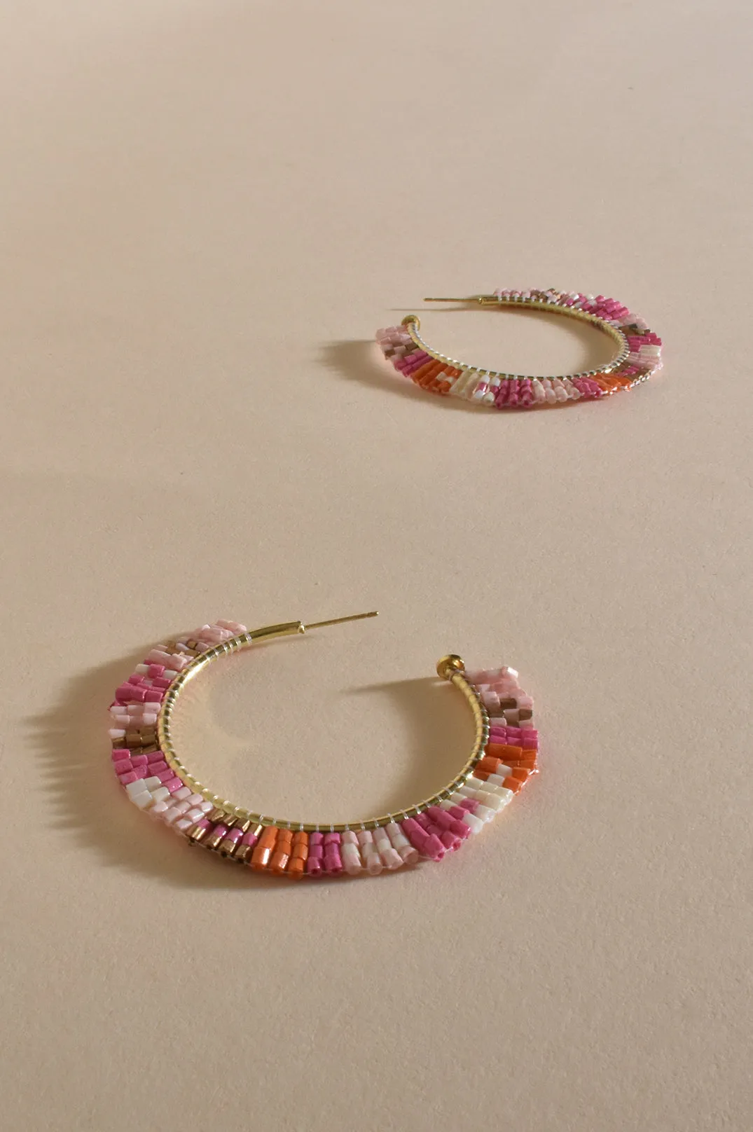 Beaded Hoop Earrings - Pink/Orange/Bronze