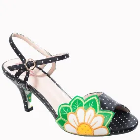 Black Polka Dot Floral Embroidered Open Toe Sandals