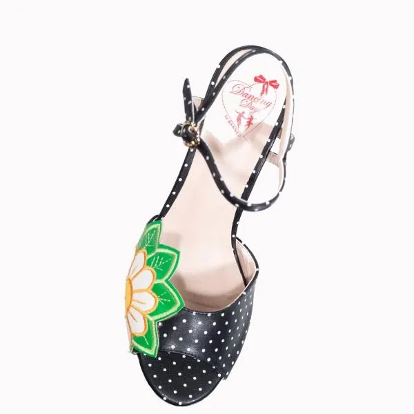 Black Polka Dot Floral Embroidered Open Toe Sandals