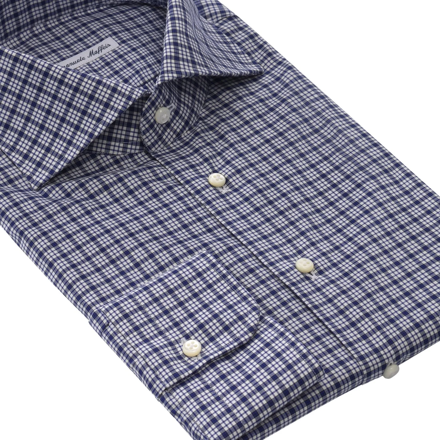 Checked Cotton Blue Shirt with Cutaway Collar