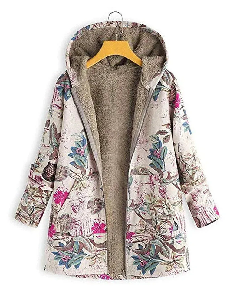 Cozy Pink Sherpa Hooded Jacket with Tree/Leaves Pattern