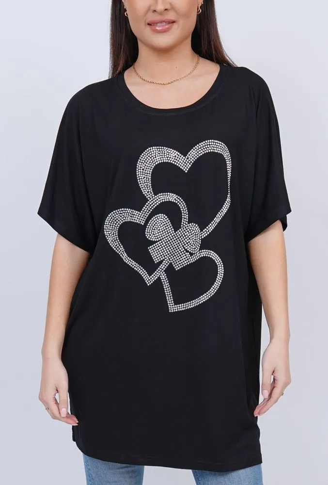 Diamante Bow Heart Pattern Cotton Top