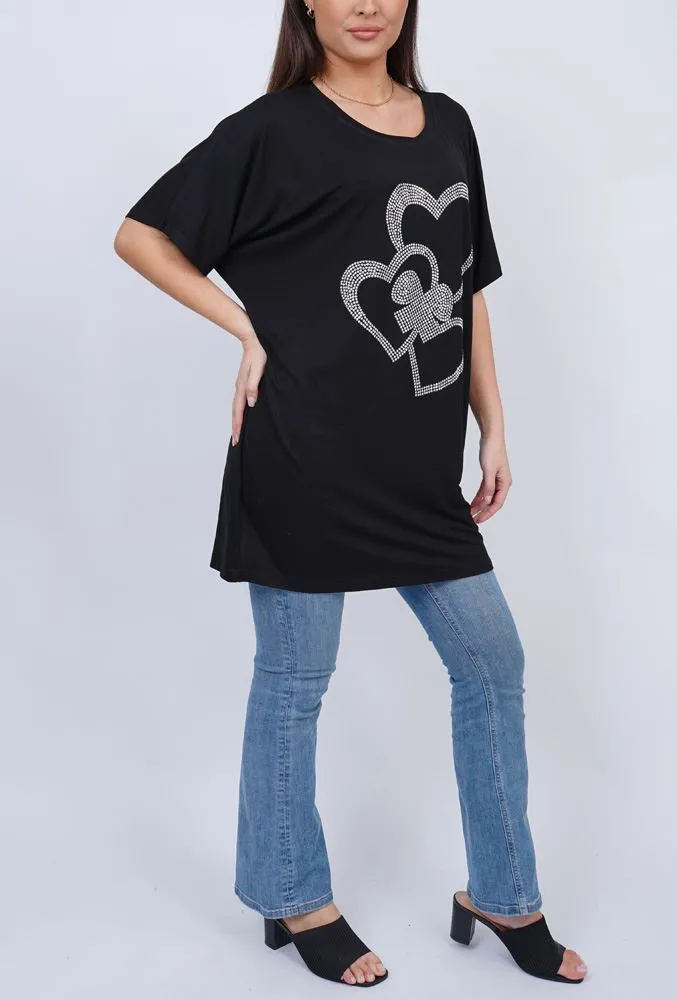 Diamante Bow Heart Pattern Cotton Top