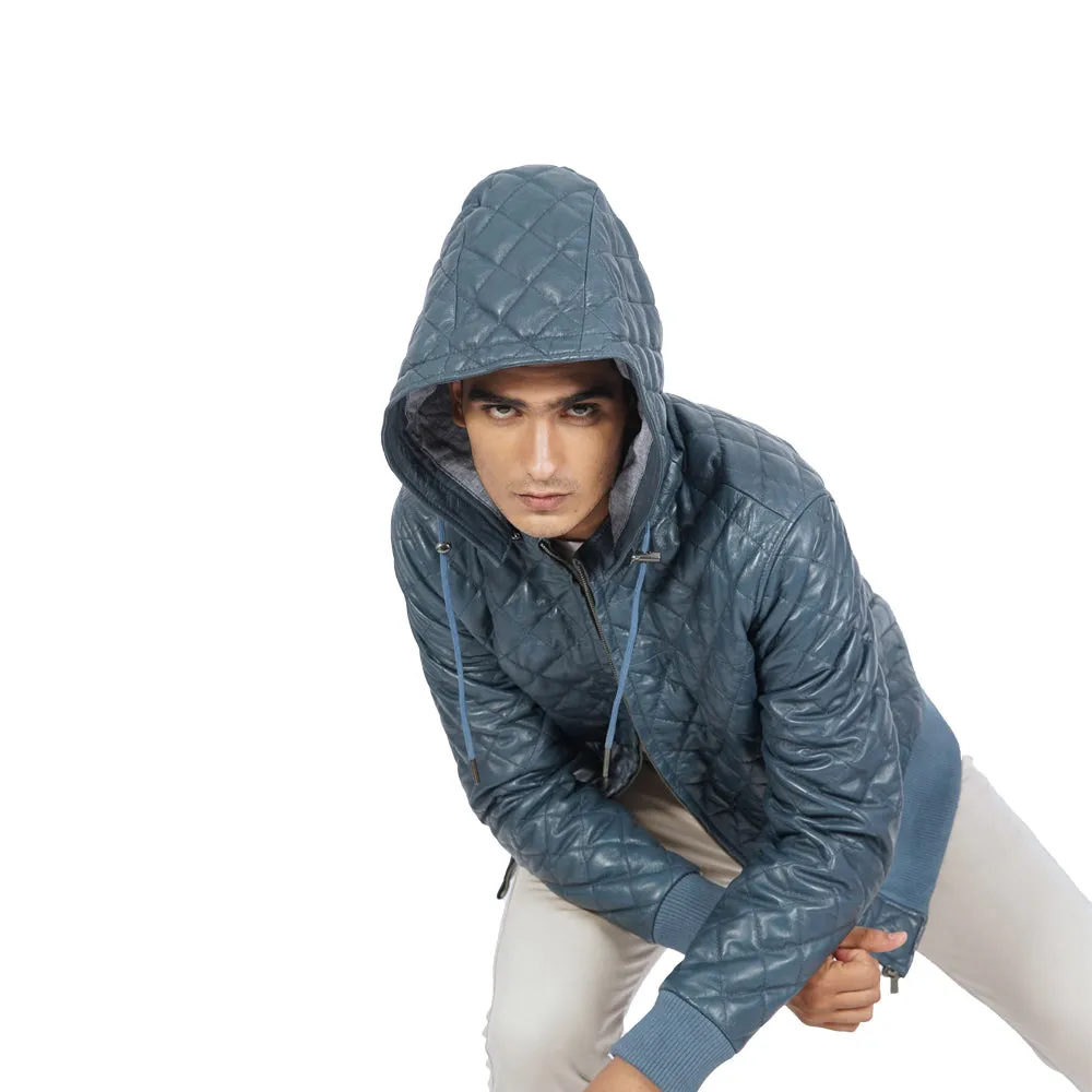 Diamond Quilted Hooded Blue Leather Jacket