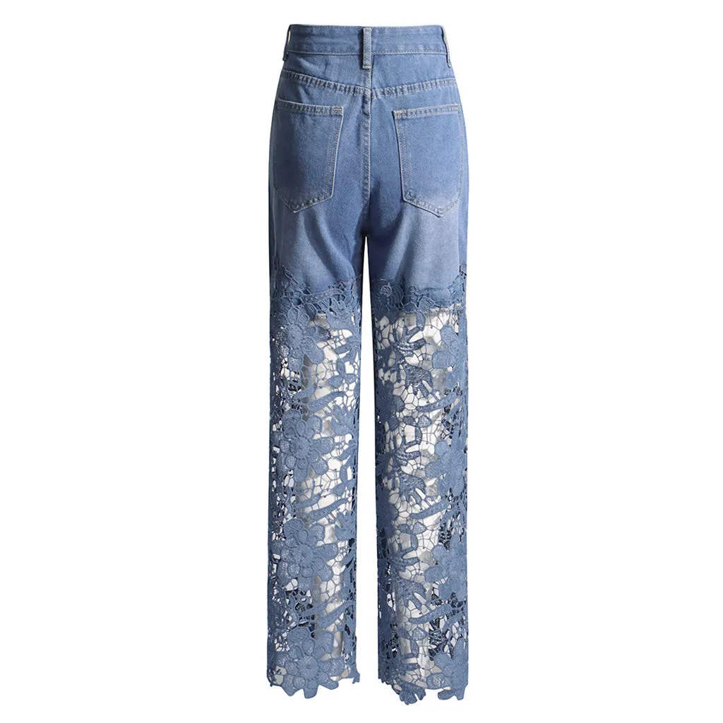 Distinctive High Waist Bleached Dot Floral Cutwork Wide Leg Jeans