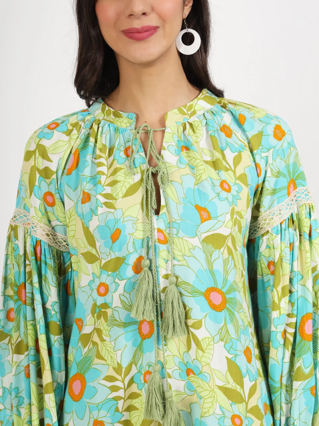 Divena Green Floral Printed Rayon Dress