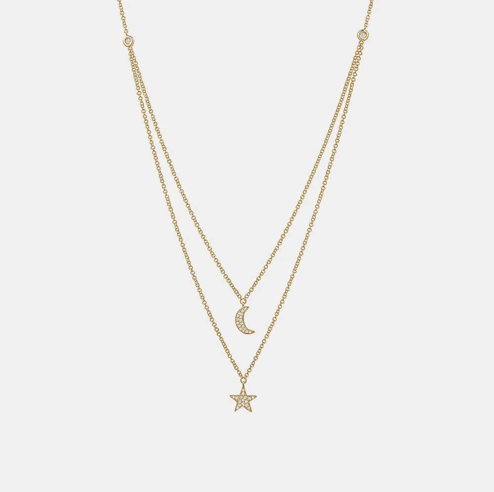 Double Layered Diamond StarMoon Necklace