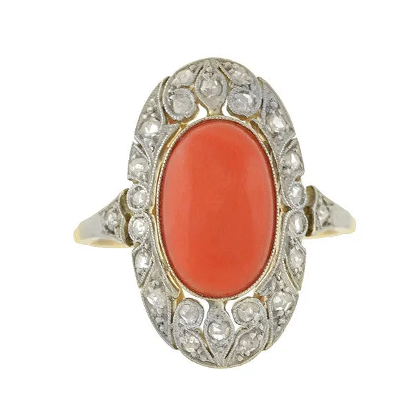 Edwardian 14kt/Platinum Coral & Diamond Filigree Ring