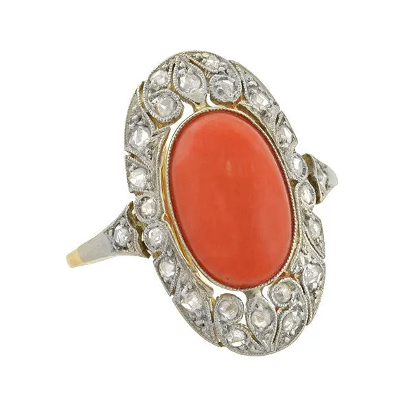 Edwardian 14kt/Platinum Coral & Diamond Filigree Ring