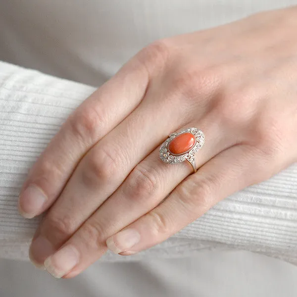 Edwardian 14kt/Platinum Coral & Diamond Filigree Ring