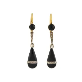 Edwardian 18kt/Platinum Diamond   Onyx Teardrop Earrings