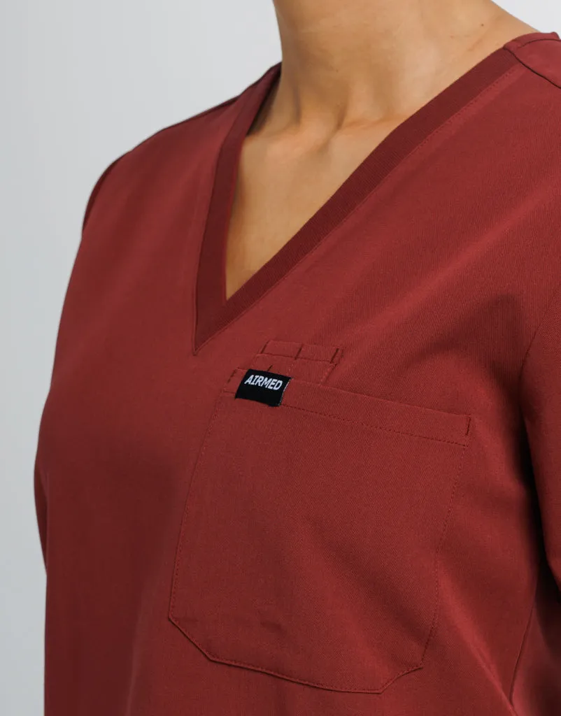 Essential One Pocket V Neck Scrub Top - Bordeaux Red