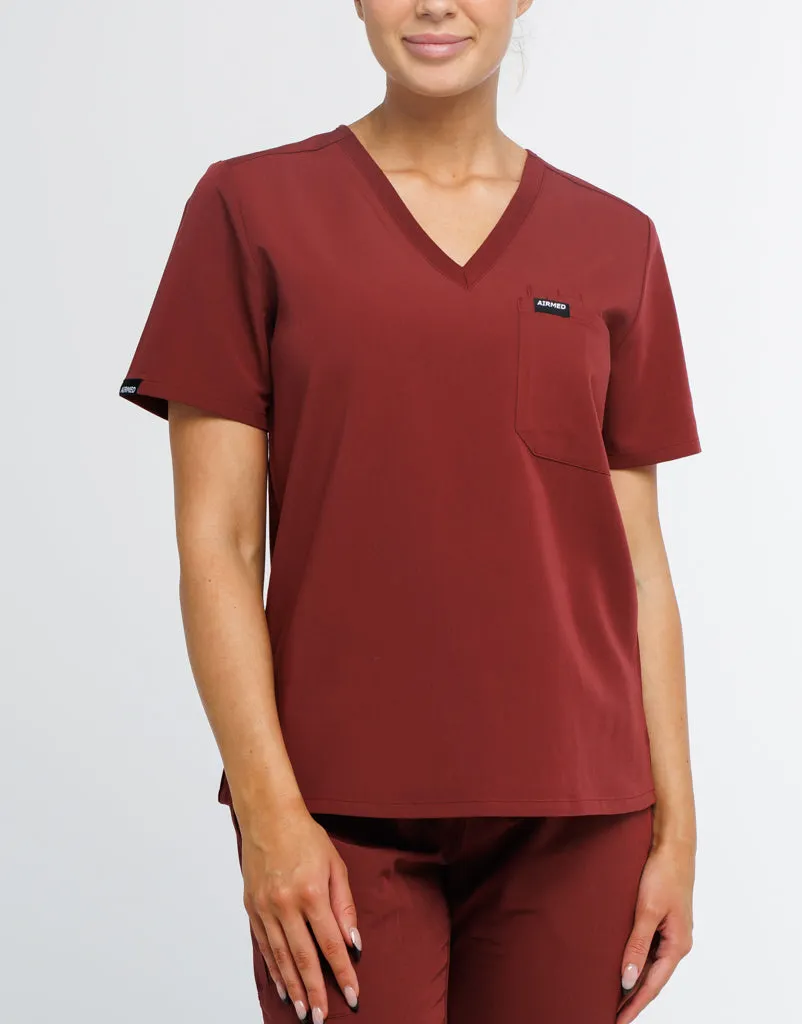 Essential One Pocket V Neck Scrub Top - Bordeaux Red