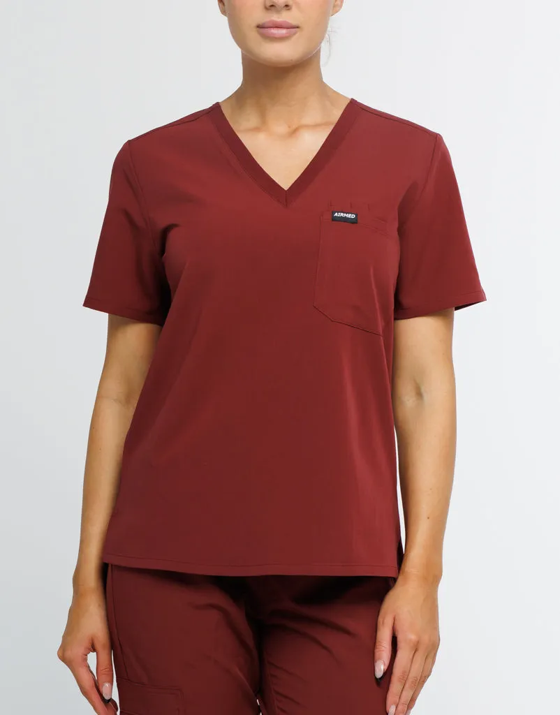 Essential One Pocket V Neck Scrub Top - Bordeaux Red