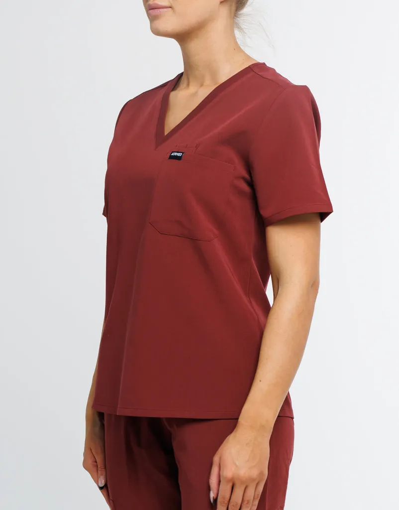 Essential One Pocket V Neck Scrub Top - Bordeaux Red