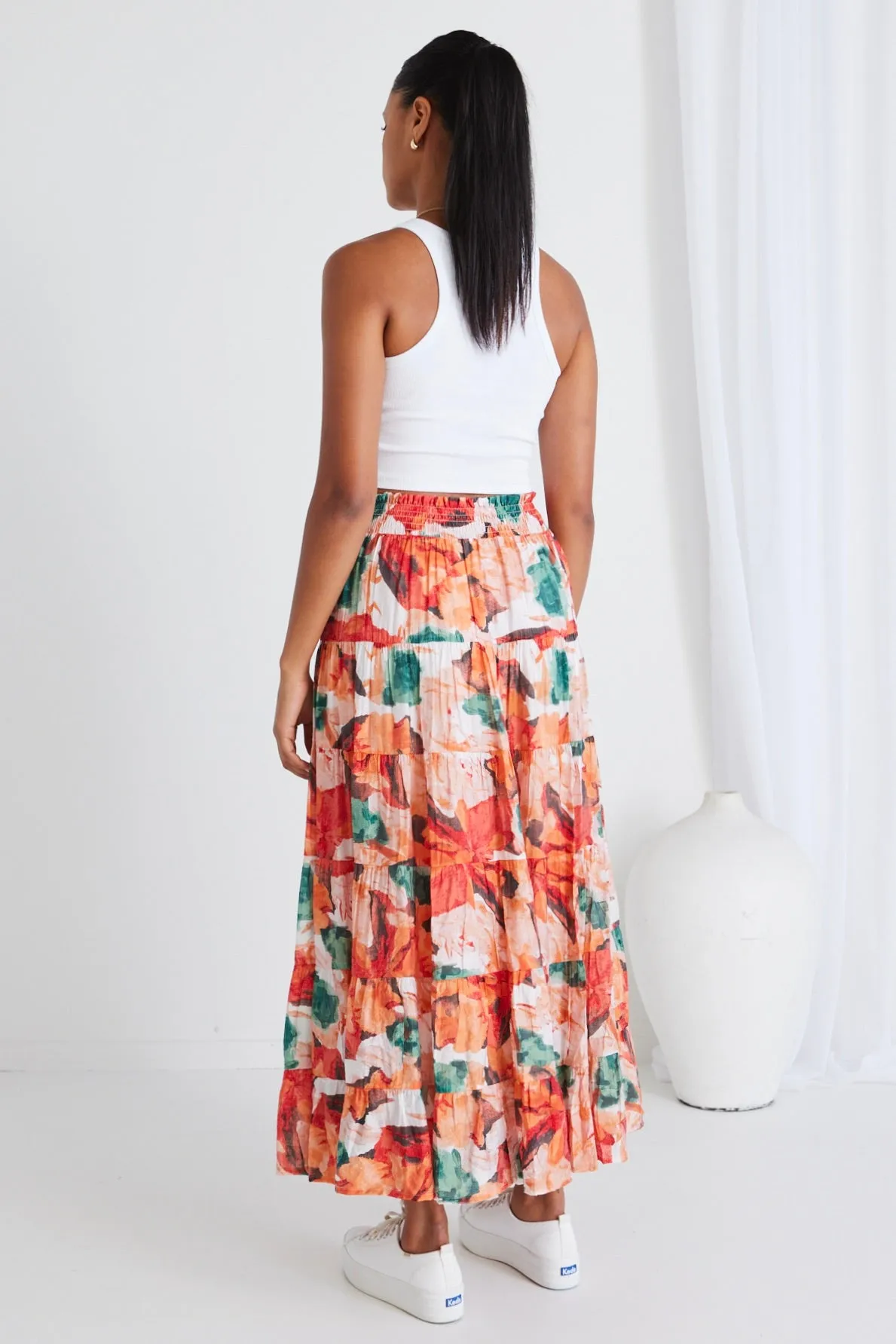 Fidel Orange Watercolour Shirred Waist Tiered Maxi Skirt