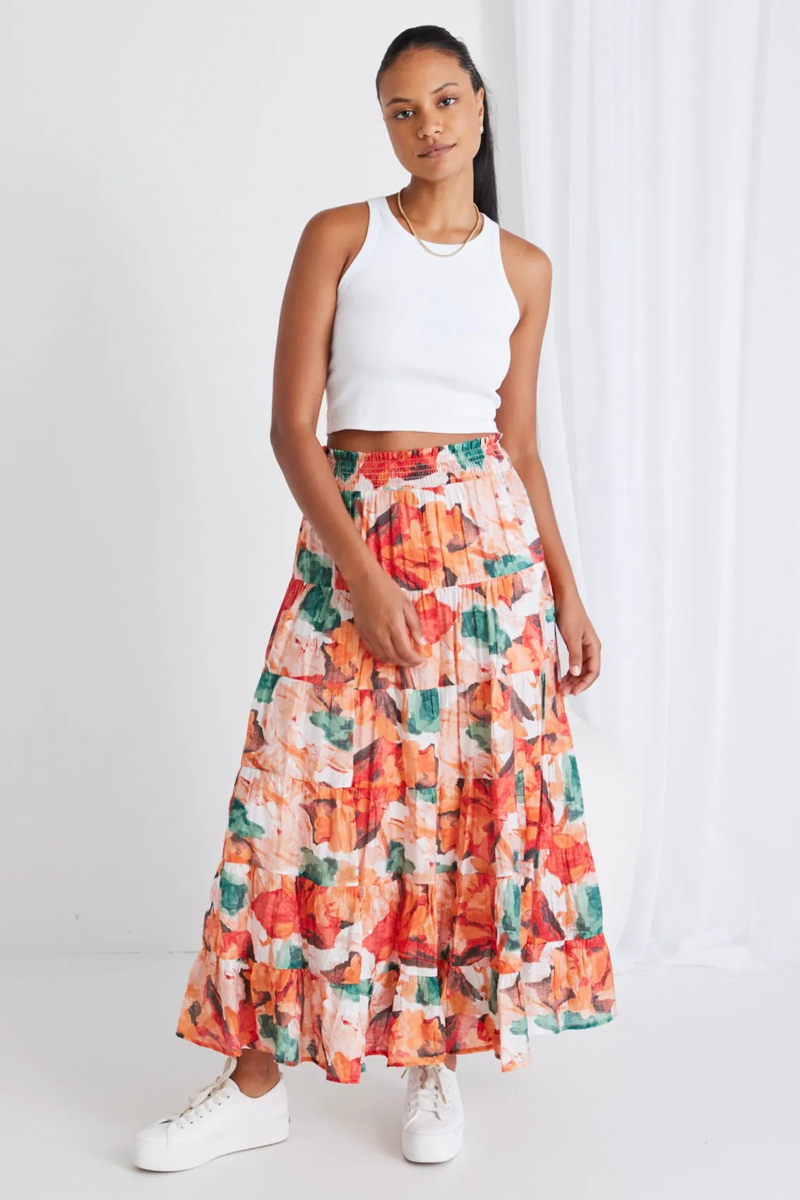 Fidel Orange Watercolour Shirred Waist Tiered Maxi Skirt