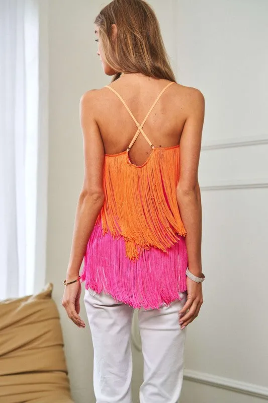 Fringe Overlay Cross Straps Party Cami Top