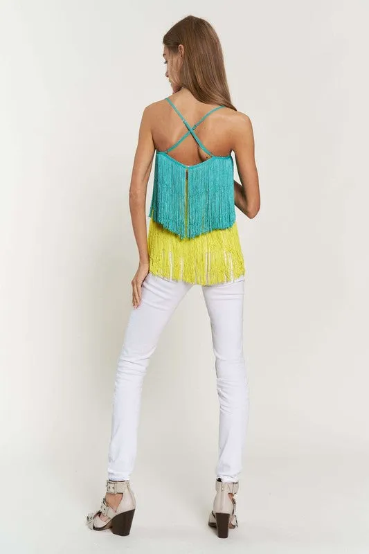 Fringe Overlay Cross Straps Party Cami Top