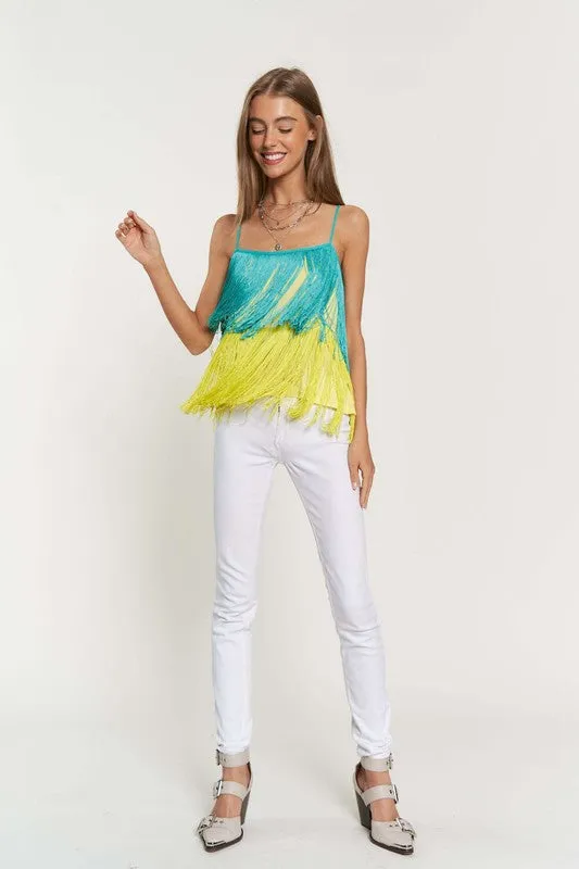 Fringe Overlay Cross Straps Party Cami Top